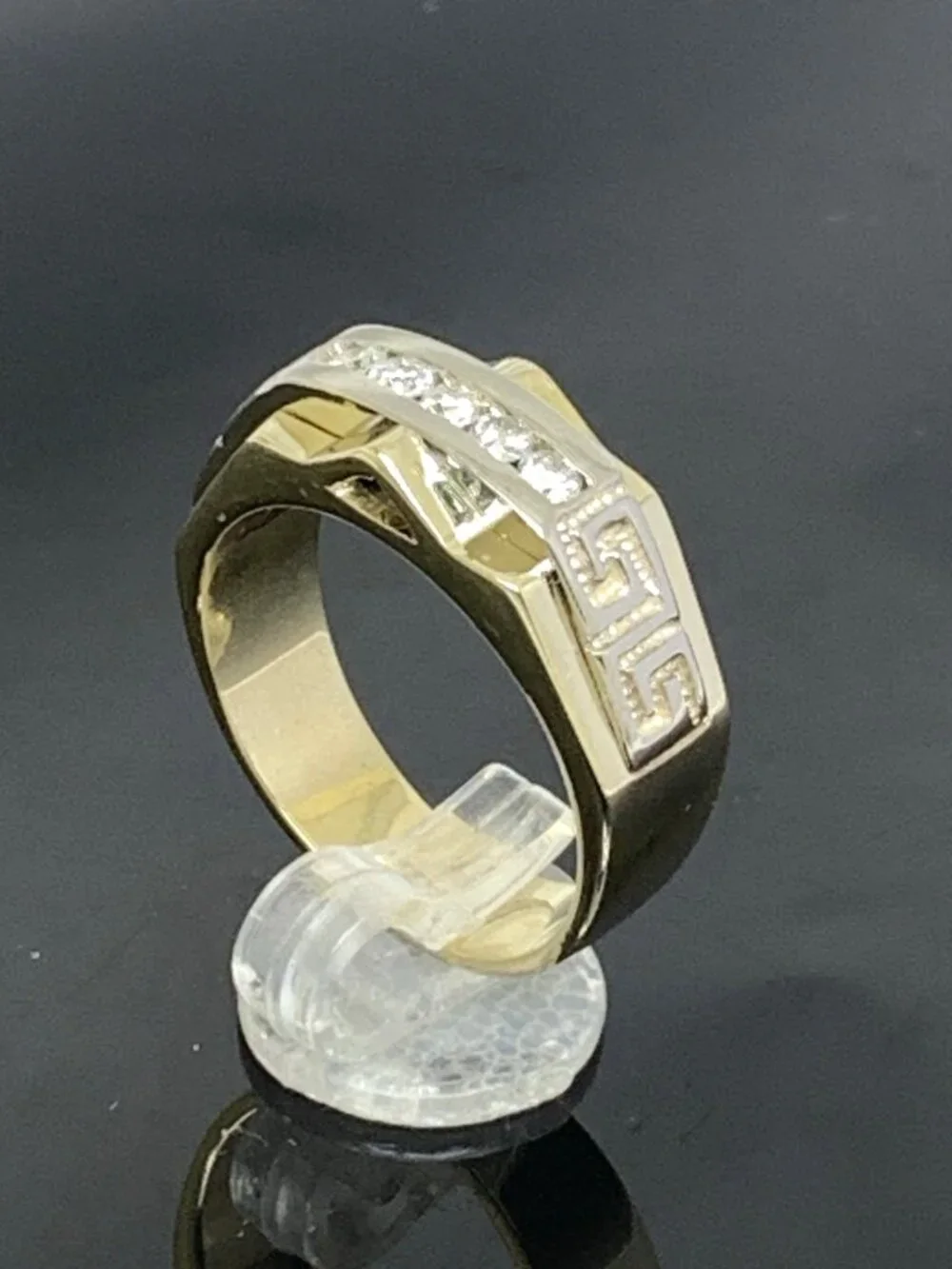Men's Ring 14k Yellow Gold Diamond 0.25ctw Statement Greek Key Pattern Size 11.5